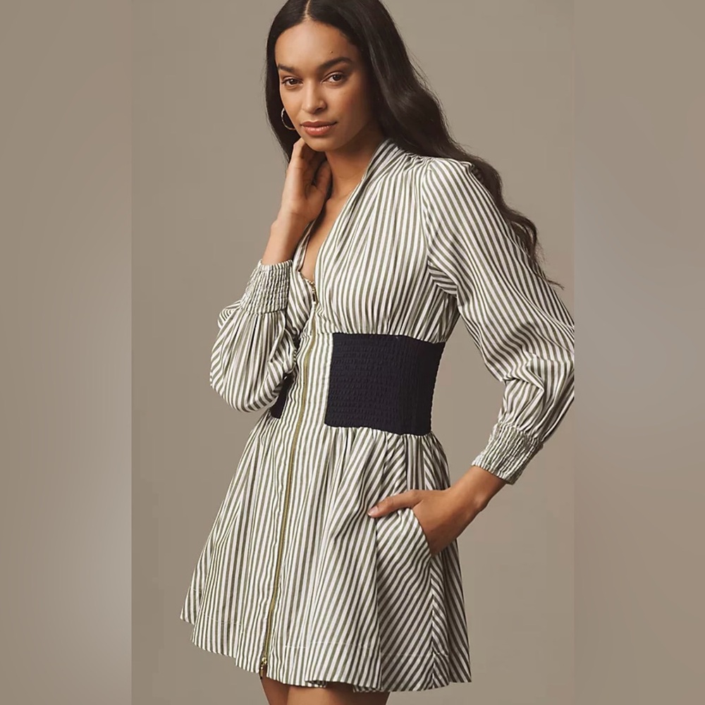 Anthropologie The Tommie Long Sleeve Smocked Mini Dress Front Zip Size XXSP